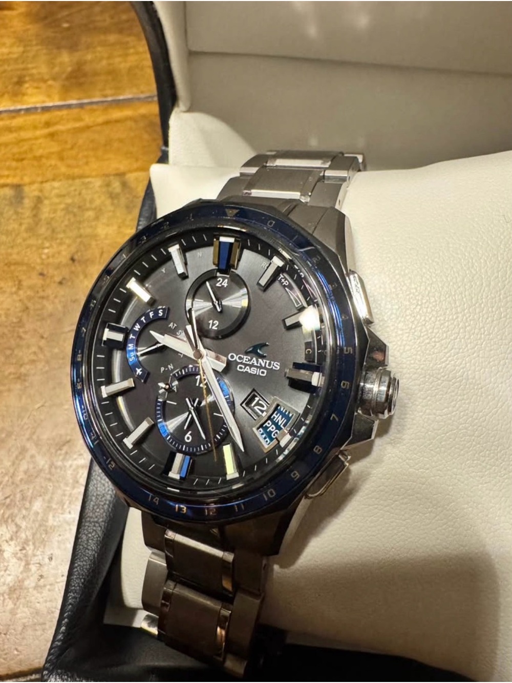 Casio Oceanus Men’s Titanium Watch Gray Dial Blue Accents